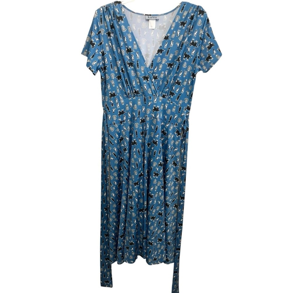 Karina Novelty Dog Print VNeck Cap Sleeves Midi Back Belt Tie Blue Dog Dress M-L